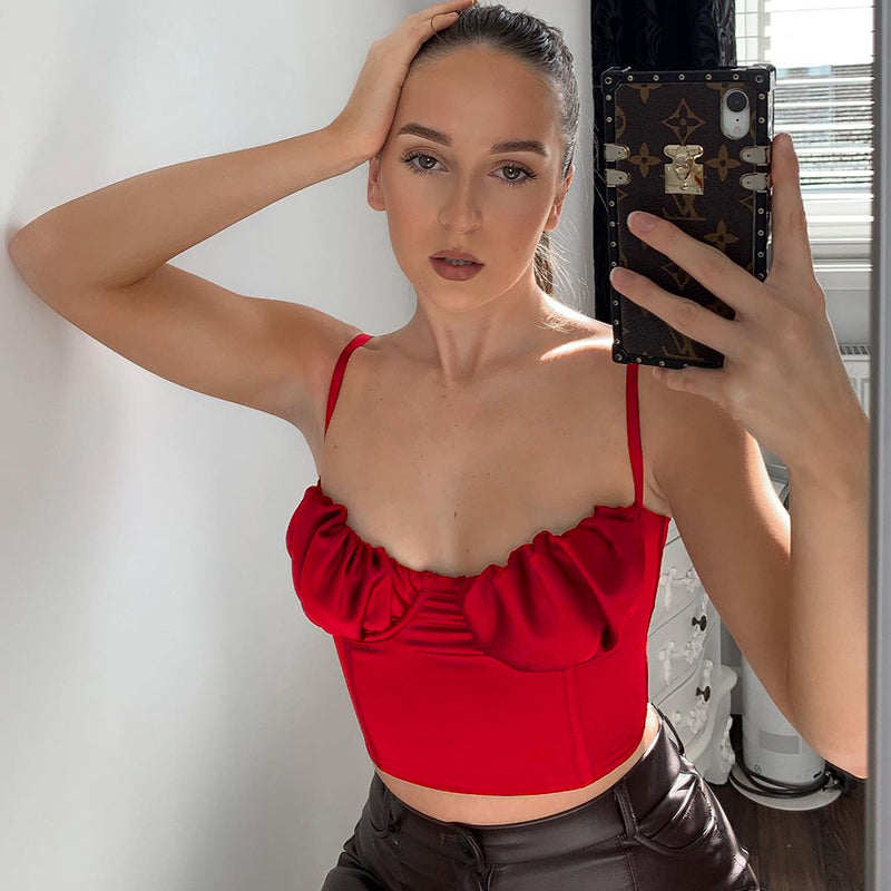 Instahot Fashion U-Neck Chest Strap Vest Women''S Summer European And American Style Slim   Back Splicing Short Top