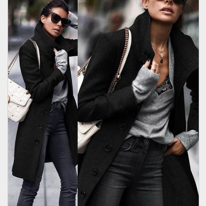 Button long woolen coat