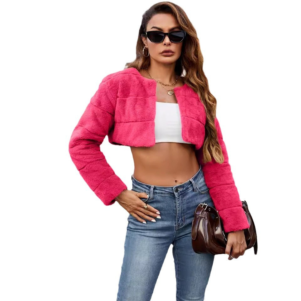 Women's Collarless Ultra-short Imitation Fur Coat Top