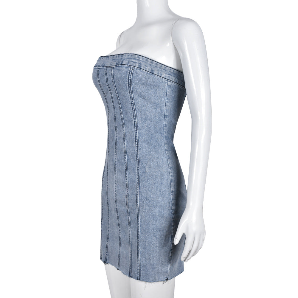 Fashion Backless Tube Denim Dress Summer Sexy Y2K Slim Short Dresses For Women Clothing