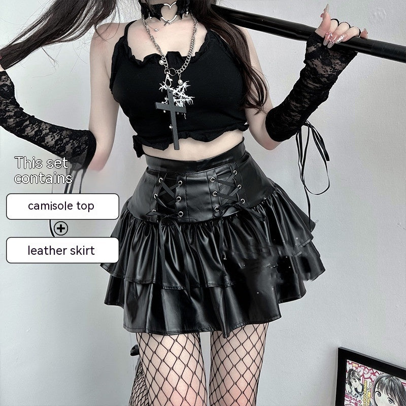 Lacquer Leather Short Skirt Set
