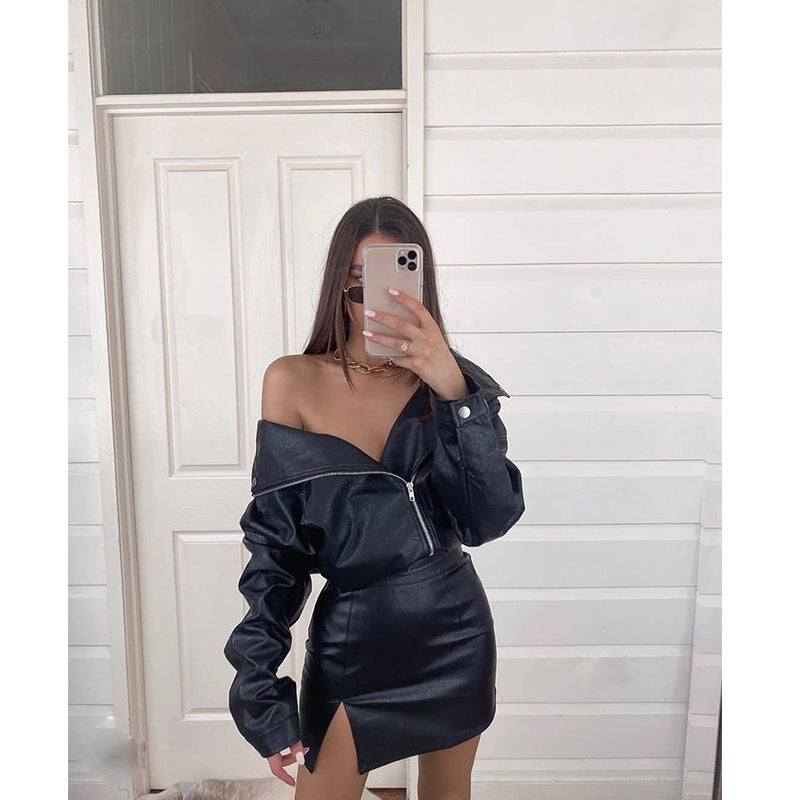 Summer PU Short Skirt Temperament Sexy Irregular Split Patent Leather Short Skirt