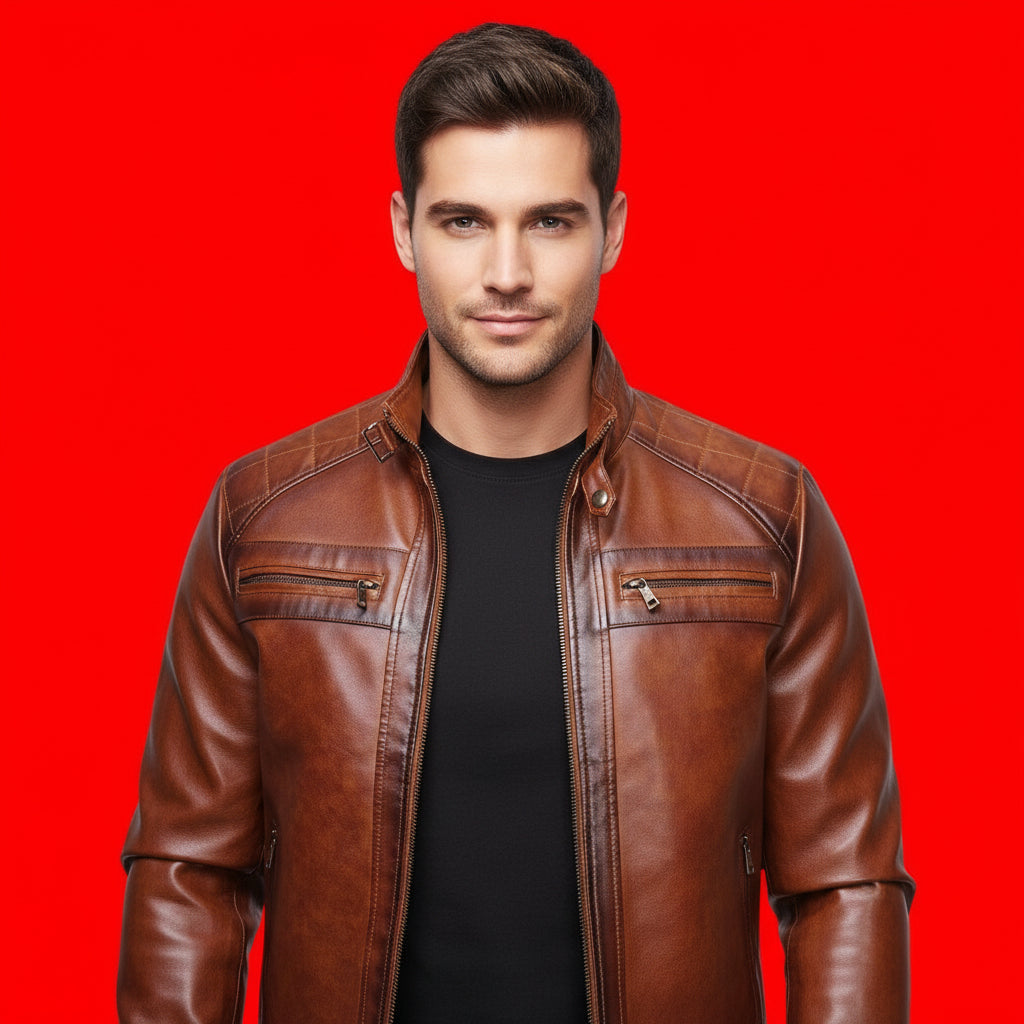 Men's Retro Faux Leather Cafe Racer Jacket - Stylish & Trendy